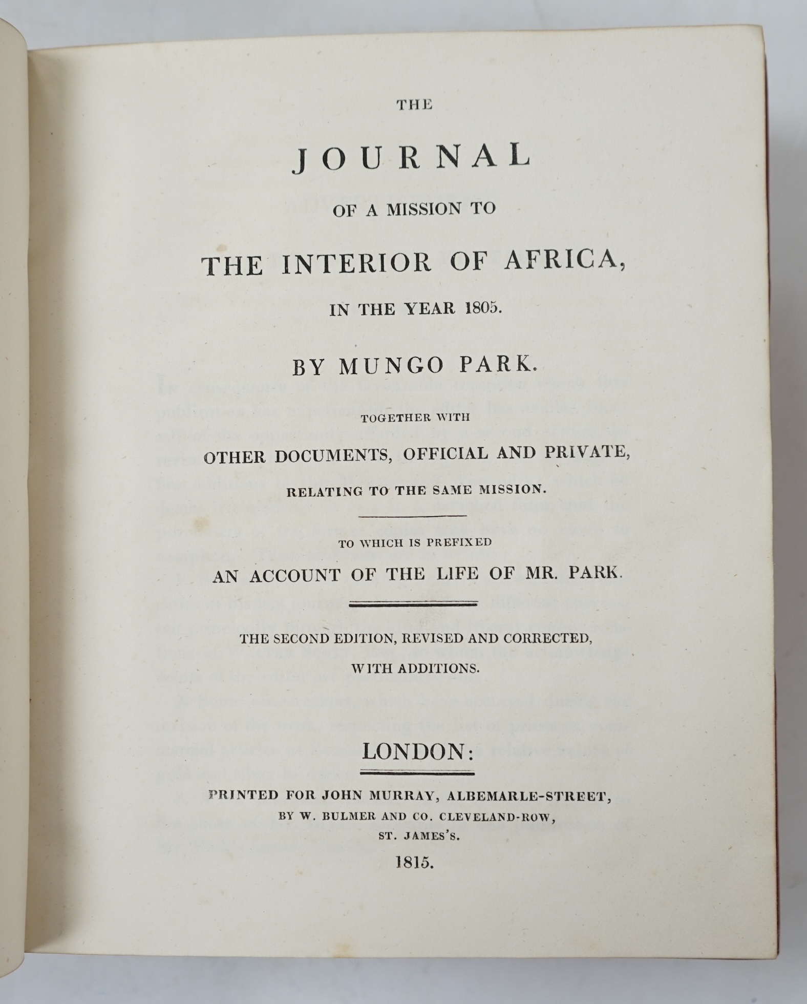 Park, Mungo - Interior of Africa, 1815, and Travels in the Interior District of Africa, 2 vols, quarter morocco, both 2nd editions, 1799